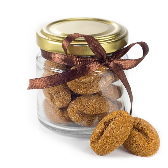 Barna színű, kávébab alakú Figurina formacukor csavaros üvegben