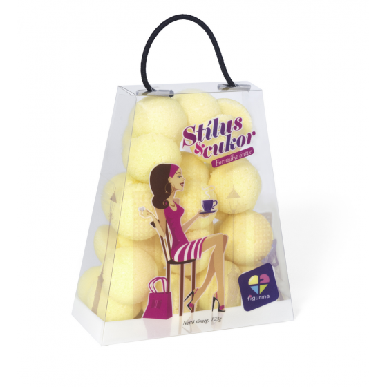 Citormsárga színű, félgömb alakú formacukor kis táskában