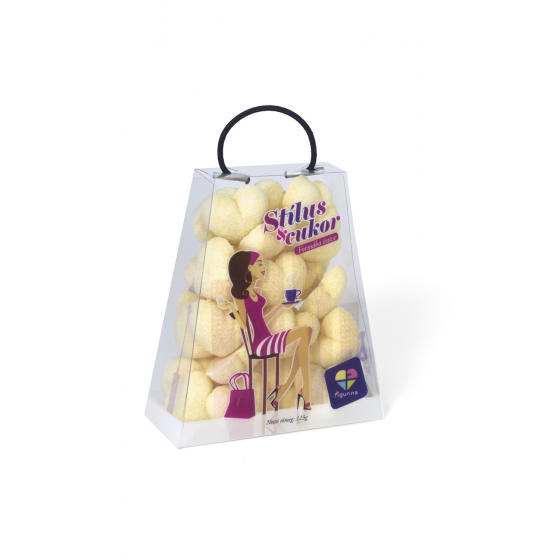 Citromsárga színű, szív alakú formacukor kis táskában