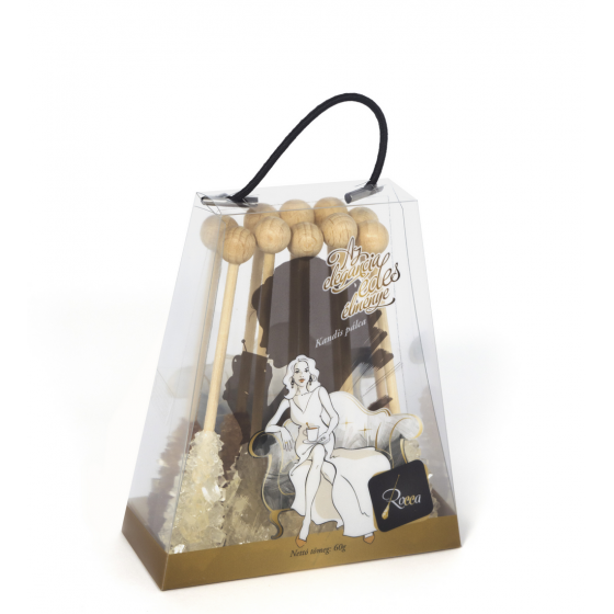 Rövid, fehér és barna kandispálca kis táskában