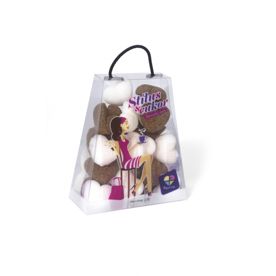 Fehér és barna színű, szív alakú formacukor kis táskában