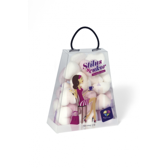 Fehér és rózsaszín színű, szív alakú formacukor kis táskában