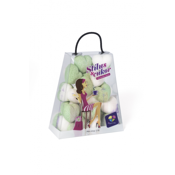 Fehér és zöld színű, szív alakú formacukor kis táskában