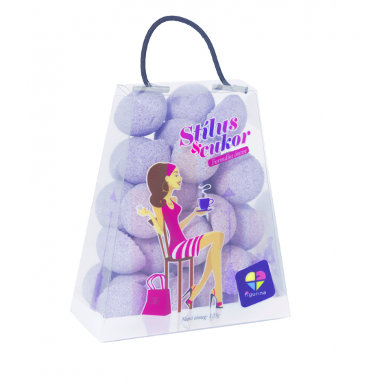 Lila színű, félgömb alakú formacukor kis táskában