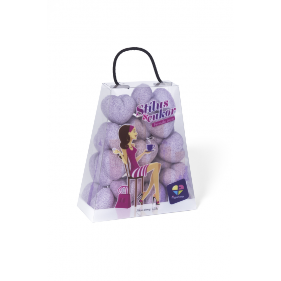 Lila színű, szív alakú formacukor kis táskában