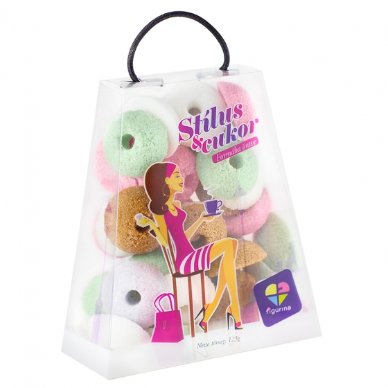 Vegyes színű, lyukas félgömb alakú formacukor kis táskában