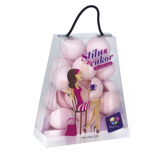 Rózsaszín színű, félgömb alakú formacukor kis táskában