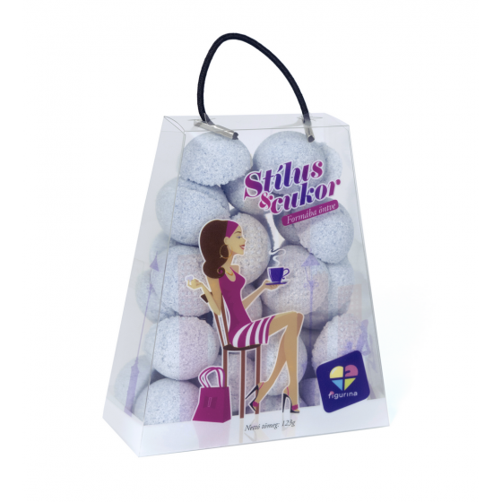 Világoskék színű, félgömb alakú formacukor kis táskában