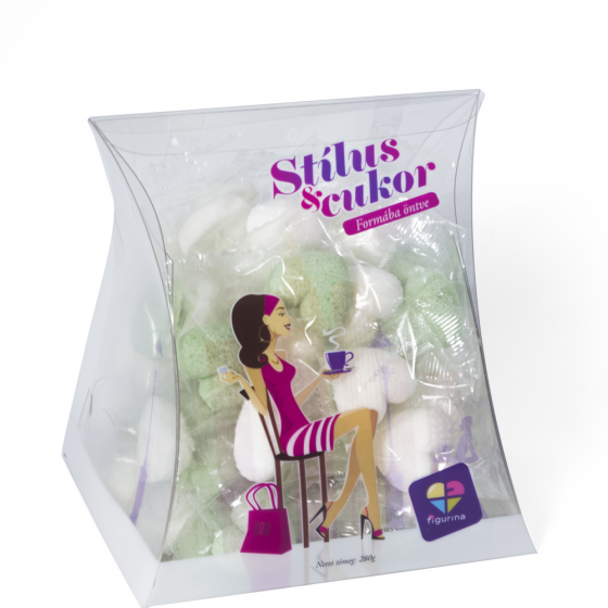 Zöld és fehér színű, szív alakú formacukor boríték dobozban