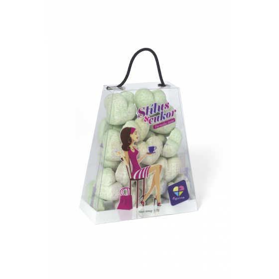 Zöld színű, szív alakú formacukor kis táskában