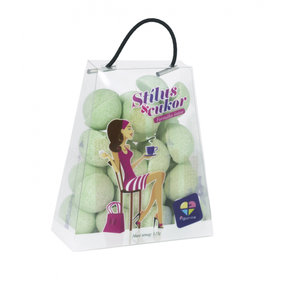 Zöld színű, félgömb alakú formacukor kis táskában