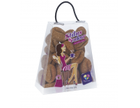 Barna színű,  kávébab alakú formacukor kis táskában