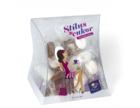 Fehér és barna színű, kávébab alakú formacukor boríték dobozban