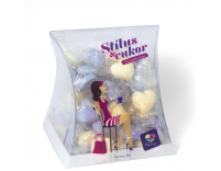 Világoskék és citromsárga színű, szív alakú formacukor boríték dobozban